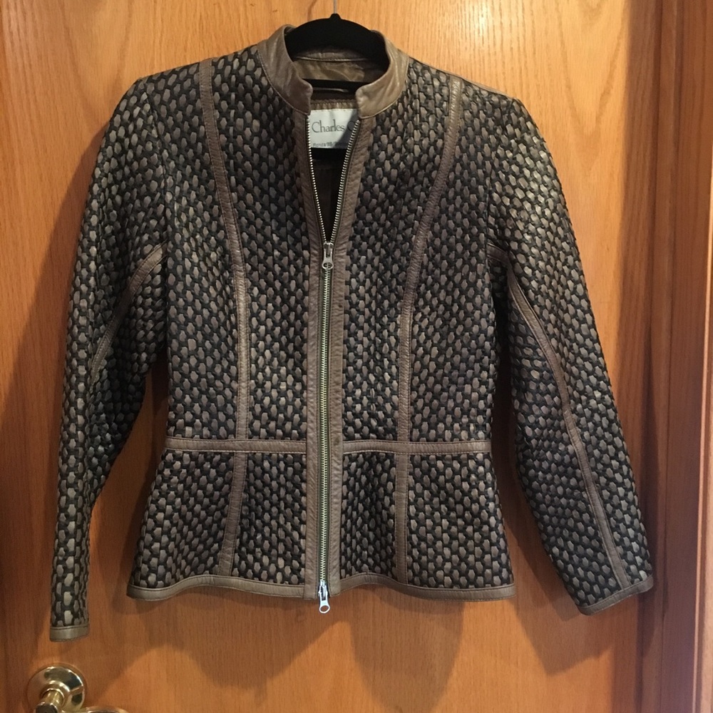 Charles Calfun woven pattern zip-up leather jacket